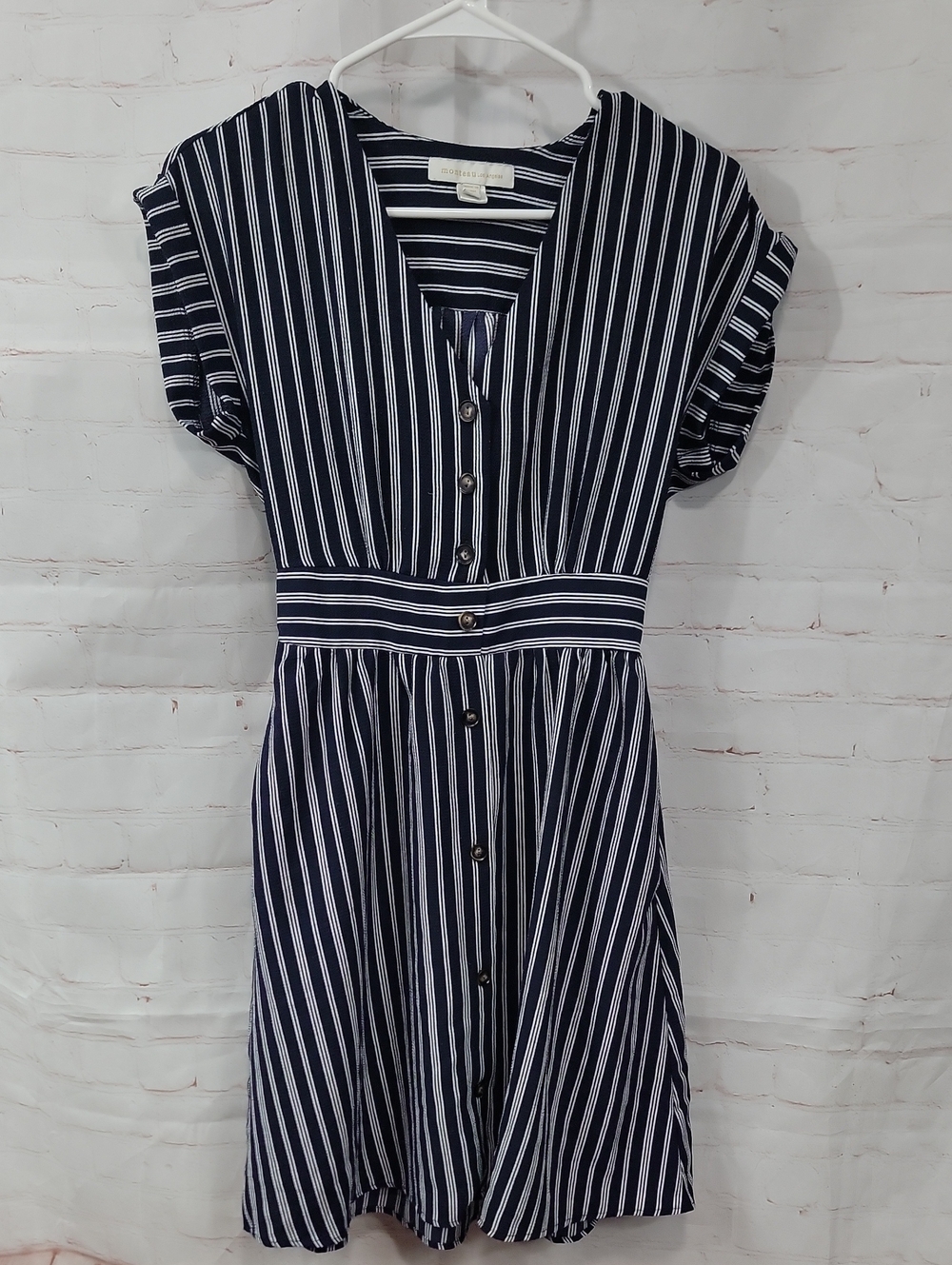 Monteau Navy and White Striped Button-Front Mini Dress